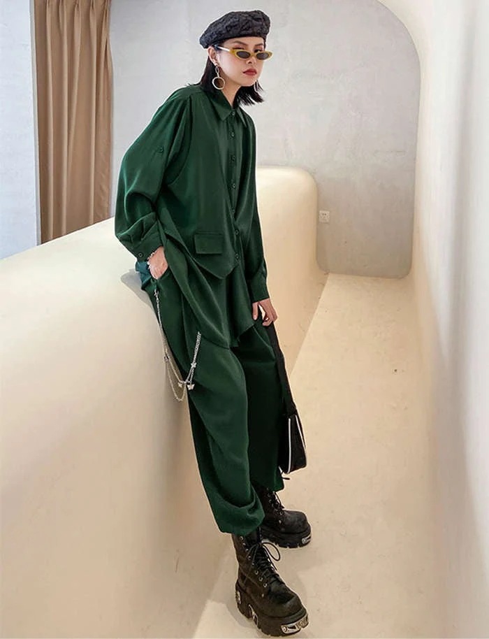 セットアップ レディース 2点セット きれいめ セットアップ 春 秋 フリーサイズ グリーン ブラック 個性デザイン ブラウス ワイドパンツ ゆったり 上品 おしゃれ 大きサイズ スト セットアップ レディース 2点セット きれいめ セットアップ 春 秋 フリーサイズ グリーン ブラック 個性デザイン ブラウス ワイドパンツ ゆったり 上品 おしゃれ 大きサイズ スト