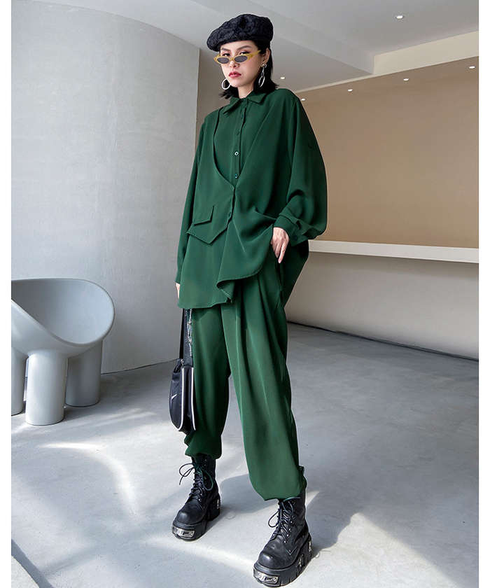 セットアップ レディース 2点セット きれいめ セットアップ 春 秋 フリーサイズ グリーン ブラック 個性デザイン ブラウス ワイドパンツ ゆったり 上品 おしゃれ 大きサイズ スト セットアップ レディース 2点セット きれいめ セットアップ 春 秋 フリーサイズ グリーン ブラック 個性デザイン ブラウス ワイドパンツ ゆったり 上品 おしゃれ 大きサイズ スト