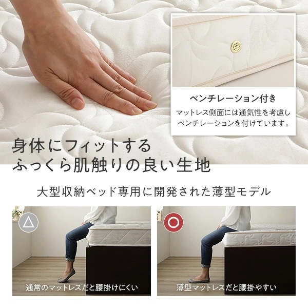[組立設置付]収納ベッド シングル 国産薄型ポケットコイルマットレス付 ホワイト ABB 棚付