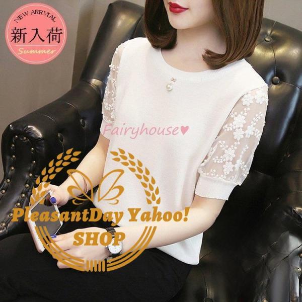 Tシャツ レディース 春夏新作 40代 半袖 ニットトップス 無地Tシャツ レース切り替え レション ショット丈ニットソー カットソー おしゃれ 大人 50代