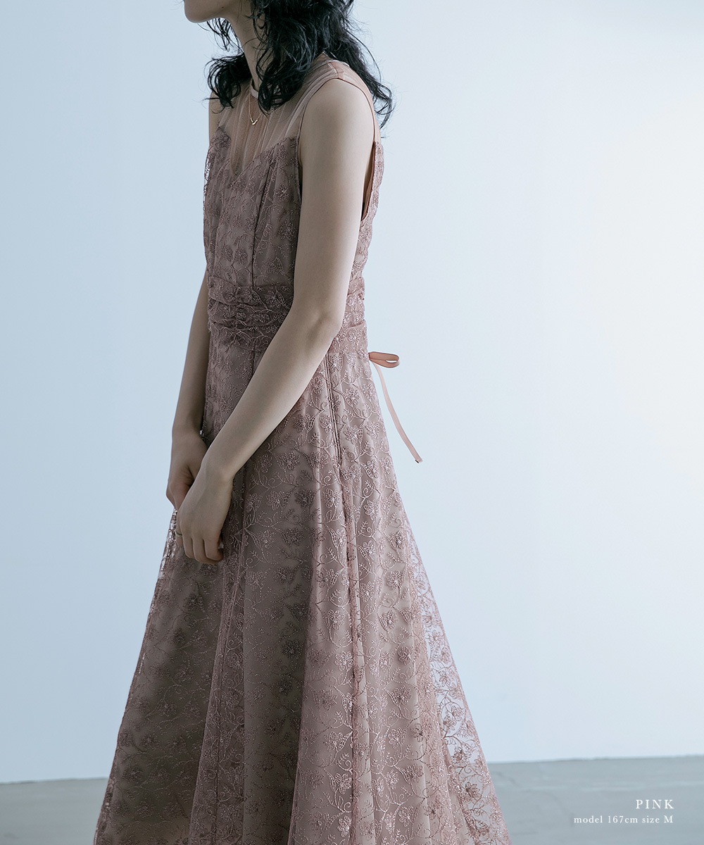 結婚式 ワンピース パーティードレス レース ラメ チュール 切り替え バックリボン ロング丈 ミモレ丈 ノースリーブ 袖なし ロングドレス オケージョン 1.5次会 春夏 秋冬 二次会 謝恩会