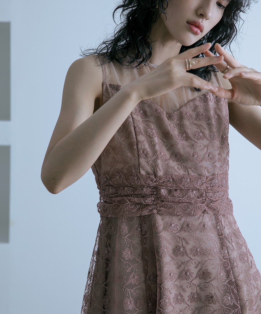 結婚式 ワンピース パーティードレス レース ラメ チュール 切り替え バックリボン ロング丈 ミモレ丈 ノースリーブ 袖なし ロングドレス オケージョン 1.5次会 春夏 秋冬 二次会 謝恩会