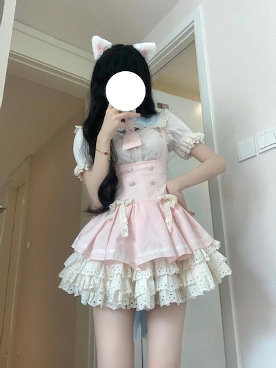 ロリータ コスプレ 2024 人气 新作 甘い王女 ピンク バブル袖 4点セット ボサボサスカート