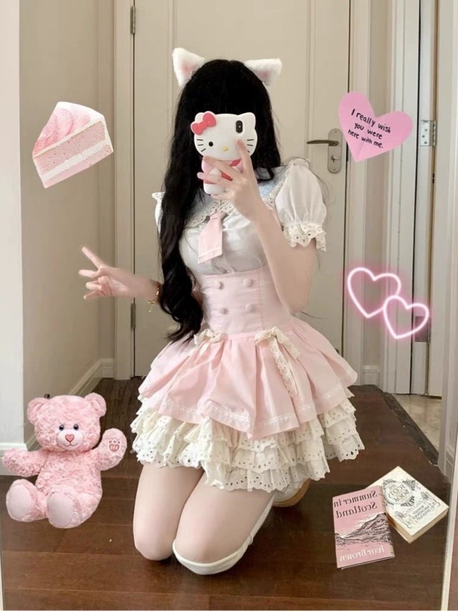 ロリータ コスプレ 2024 人气 新作 甘い王女 ピンク バブル袖 4点セット ボサボサスカート