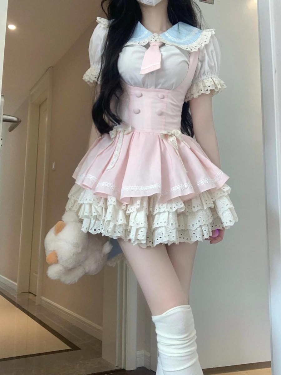 ロリータ コスプレ 2024 人气 新作 甘い王女 ピンク バブル袖 4点セット ボサボサスカート