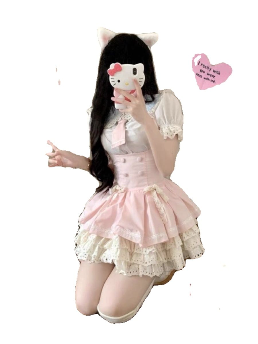 ロリータ コスプレ 2024 人气 新作 甘い王女 ピンク バブル袖 4点セット ボサボサスカート