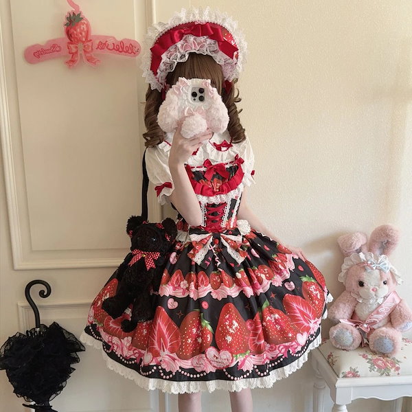 【柴呼呼】いちごポポ 赤 水玉 かわいい ロリータワンピース 豪華4点 甘ロリ Qoo10] Lolitaかわいいいちごパーティーjs