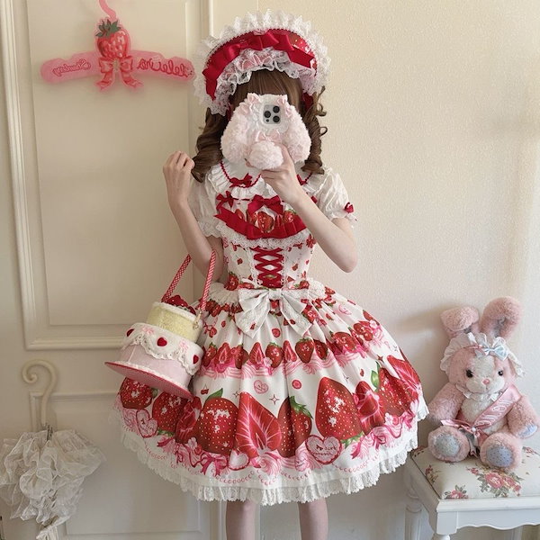 【柴呼呼】いちごポポ 赤 水玉 かわいい ロリータワンピース 豪華4点 甘ロリ Qoo10] Lolitaかわいいいちごパーティーjs