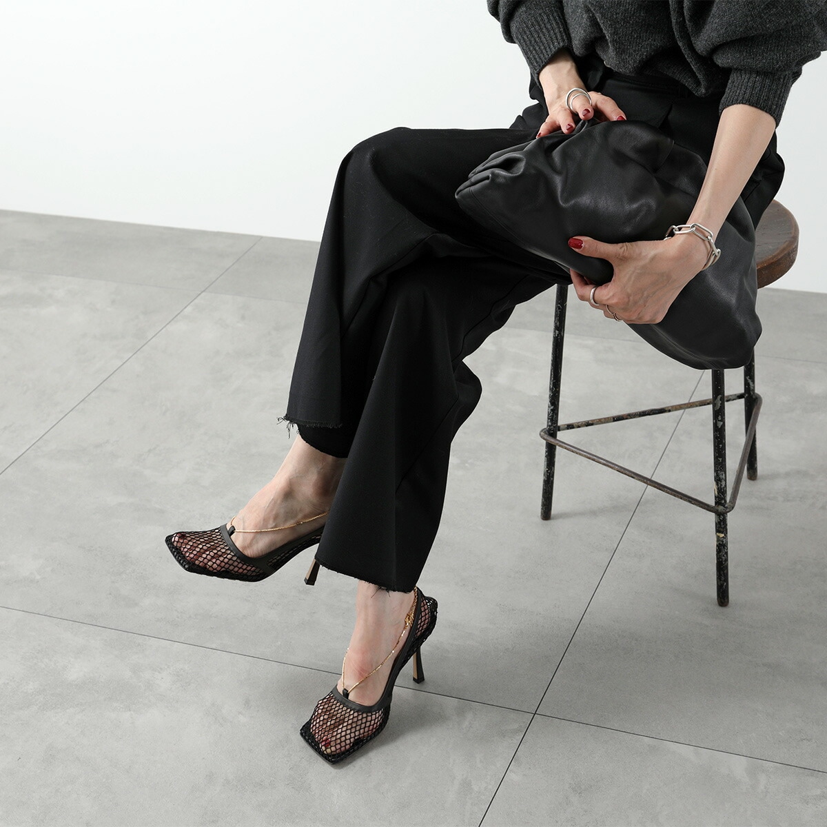 BOTTEGA VENETA ボッテガヴェネタ パンプス 578321 VBPS1 レディース メッシュ レザー チェーン装飾 スクエアトゥ シューズ 靴 1001/BLACK 578321VBPS1