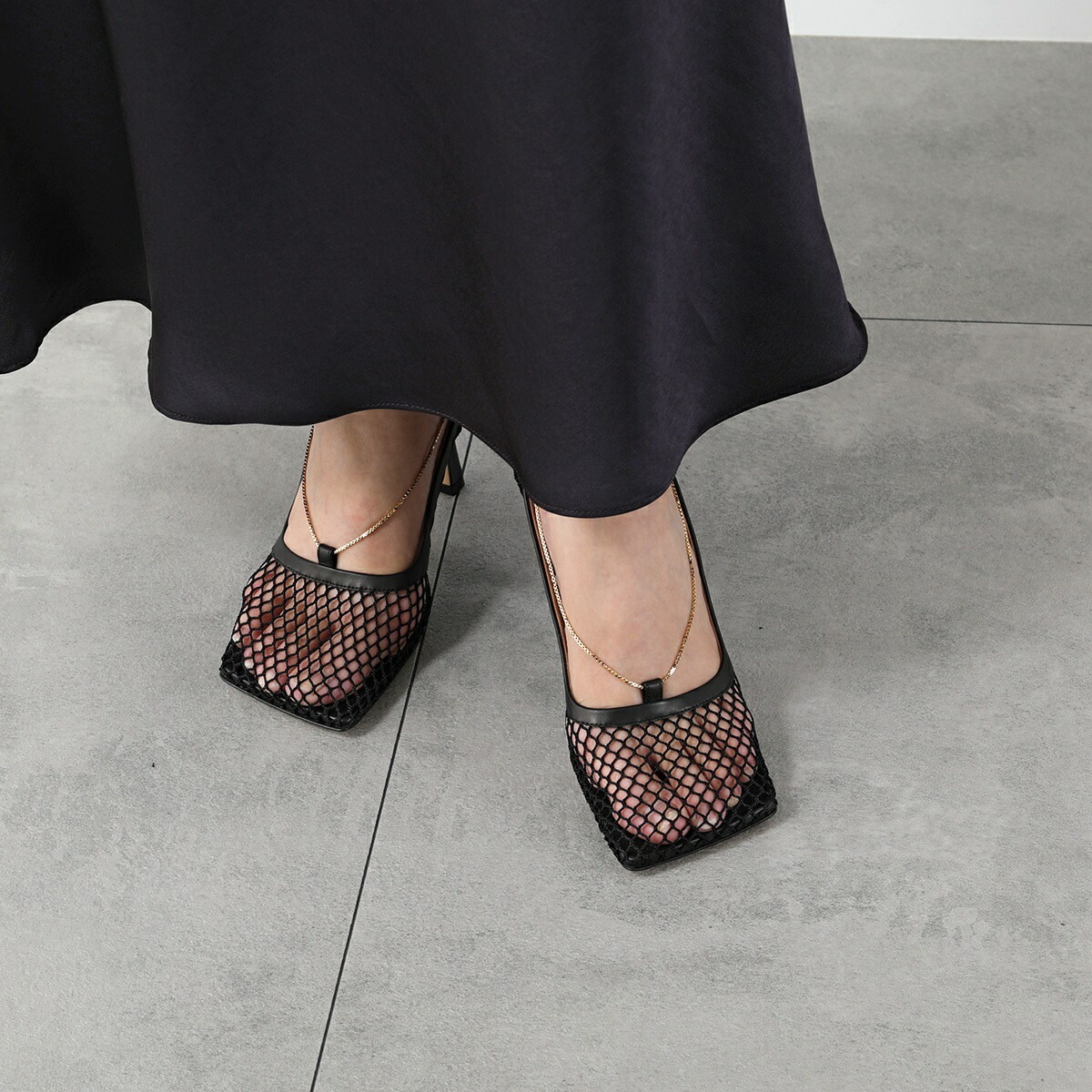BOTTEGA VENETA ボッテガヴェネタ パンプス 578321 VBPS1 レディース メッシュ レザー チェーン装飾 スクエアトゥ シューズ 靴 1001/BLACK 578321VBPS1