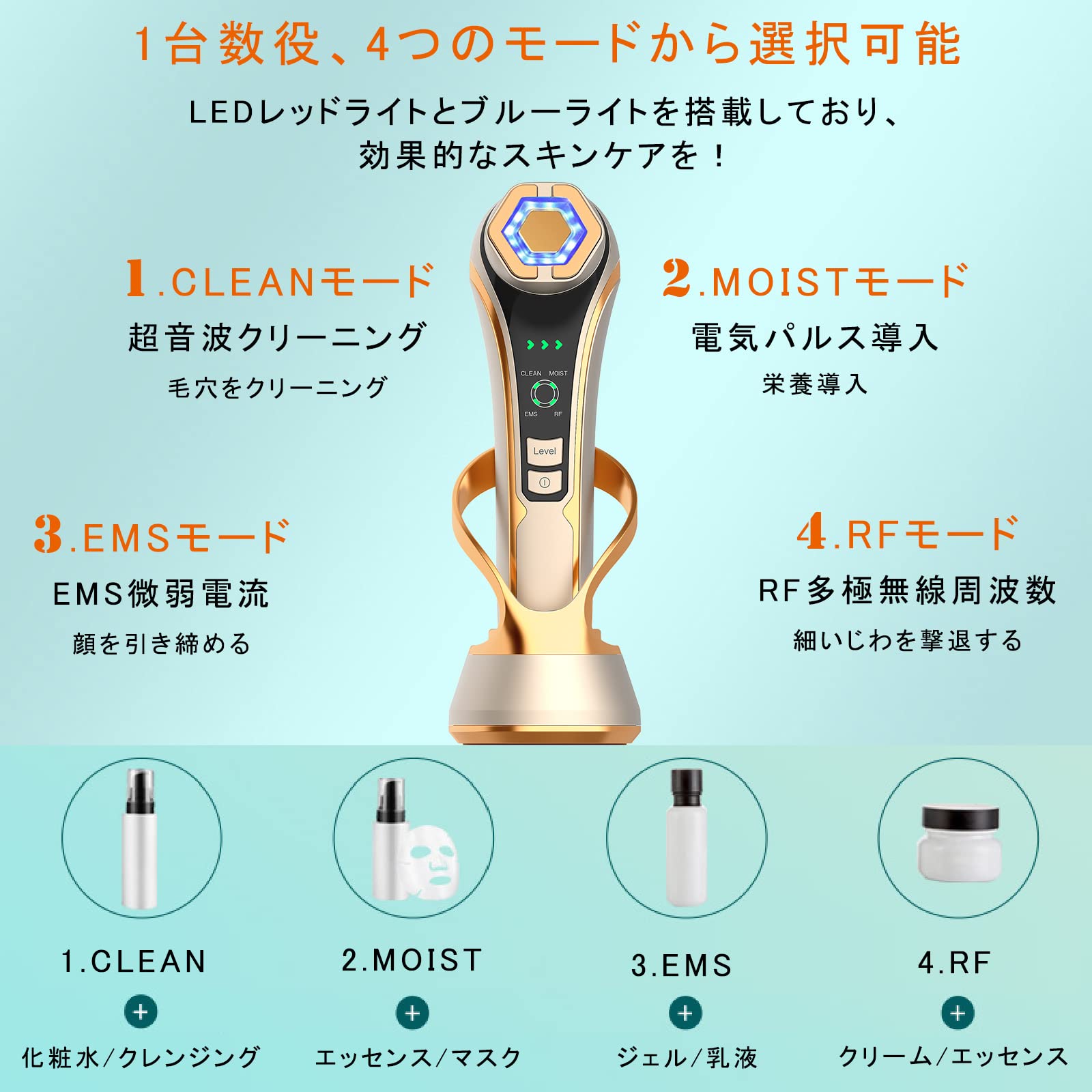 Vimaydo 【2023 革新版 】美顔器 RF美顔器 イオン導出 イオン導入 E M S 微電流 LED搭載 1台6役 4種類モード 3段階レベル 超音波振動 クレンジング 毛穴汚れとり 肌引き締