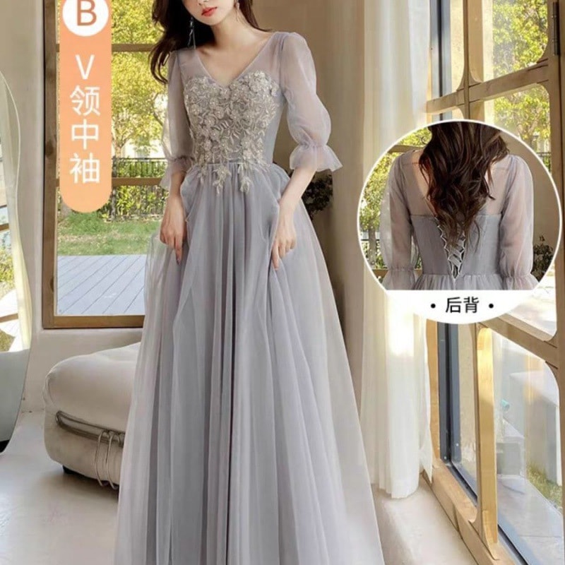 グレーの花嫁介添人ドレス妖精の気質2024新しい夏の親友姉妹グループドレス女性シニアニッチが通常着用可能 グレーの花嫁介添人ドレス妖精の気質2024新しい夏の親友姉妹グループドレス女性シニアニッチが通常着用可能