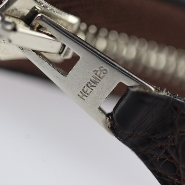 美品 HERMES エルメス 二つ折り財布 アザップ コンバイン アリゲーター ハバナ ダークブラウン系 シルバー金具 ラウンドファスナー 長財布 M刻印 本物保証 中古