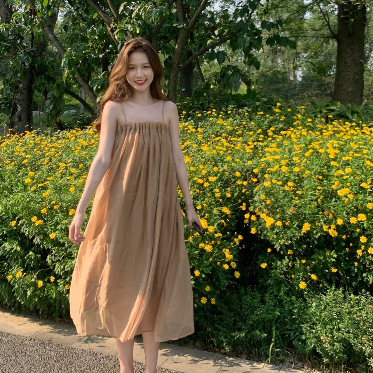 キャミソールワンピース ブラウン ブルー ワンピース スリム 細身 ストレート スマート かわいい