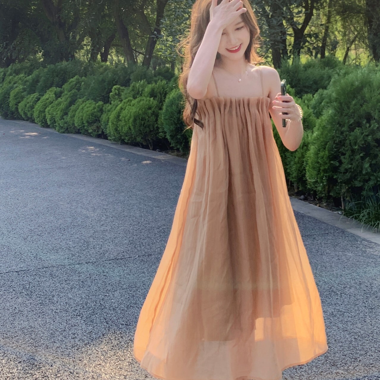 キャミソールワンピース ブラウン ブルー ワンピース スリム 細身 ストレート スマート かわいい