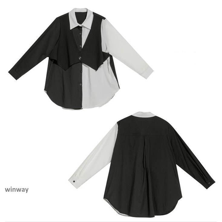 フェイクレイヤード シャツ レディース 配色 トップス ロングシャツ 春 秋 冬 デザイン 長袖 アシンメトリー 無地 個性的 ファッション ゆったり 大きいサイズ フェイクレイヤード シャツ レディース 配色 トップス ロング