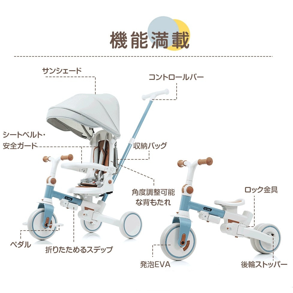 【国内発送】A 2046三輪車 子供用三輪車 折りたたみ 手押し かじとり 7in1 7WAY 1歳 2歳 3歳 ランニングバイク 座面回転 自転車 おもちゃ 乗用玩具 幼児用 キッズバイク おしゃれ_3