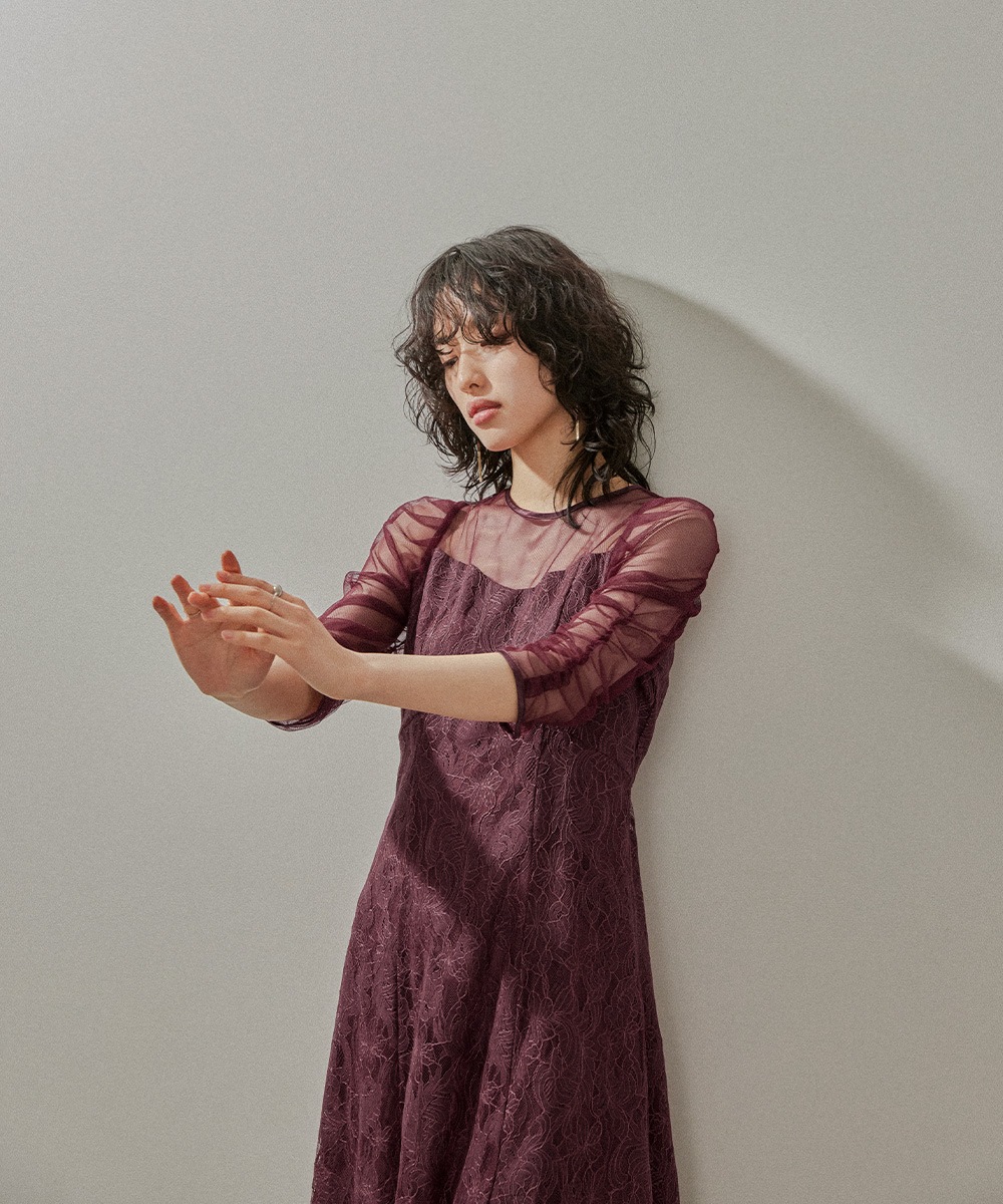 ボリューム袖レースフレアドレス 結婚式 ワンピース パーティードレス チュール シアー 切替 ギャザー バックリボン ロング丈 袖あり 半袖 五分袖 ロングドレス 他と被らない オケージョン_3