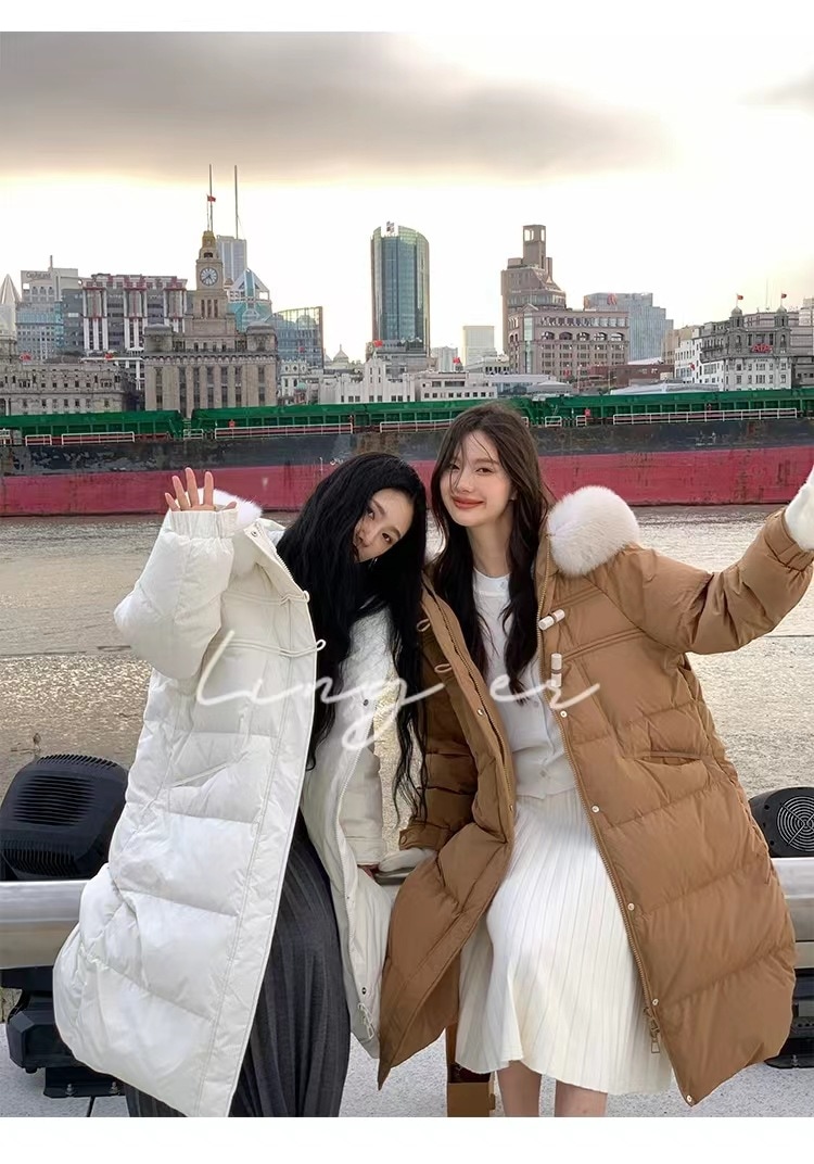 2025新作ダウンジャケットレディースミディアムロングホワイトダックダウン厚みのあるおしゃれなロングスリムジャケット