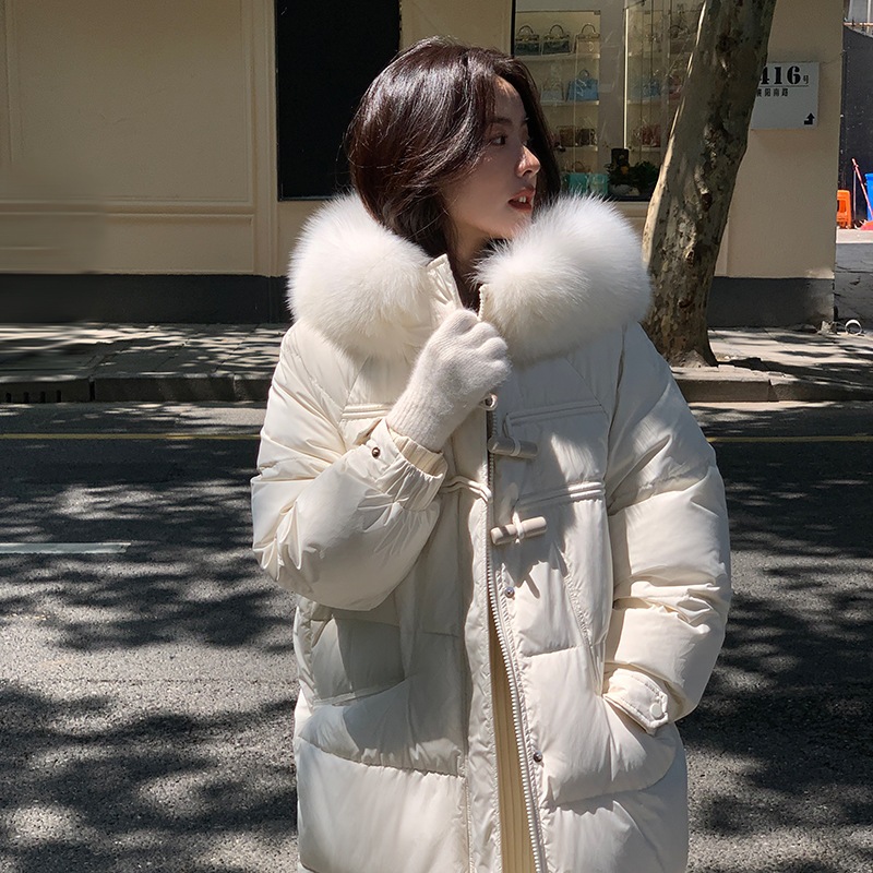2025新作ダウンジャケットレディースミディアムロングホワイトダックダウン厚みのあるおしゃれなロングスリムジャケット