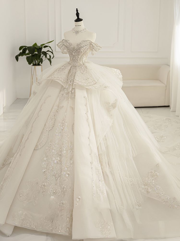 ワンショルダーウェディングドレス2025花嫁重工業ラージテールホワイト主糸 ワンショルダーウェディングドレス2025花嫁重工業ラージテールホワイト主糸