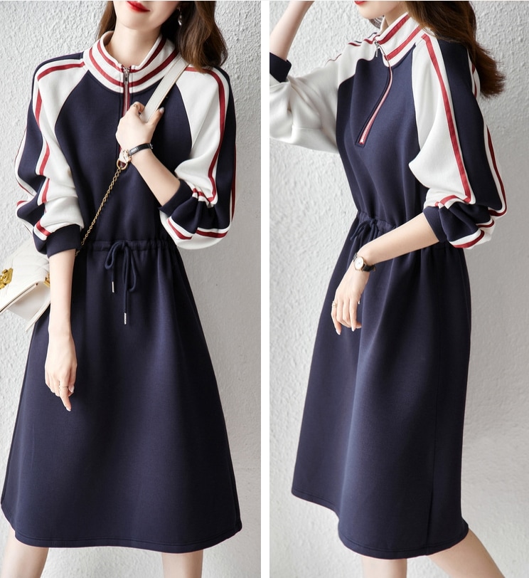 スポーティワンピース ファスナーワンピース ボリューム袖ワンピース ハイウエストワンピース スカート ワンピース トレーナー オールインワン ロングスカート フレアスカート 膝下 ミモレ ミモレ丈