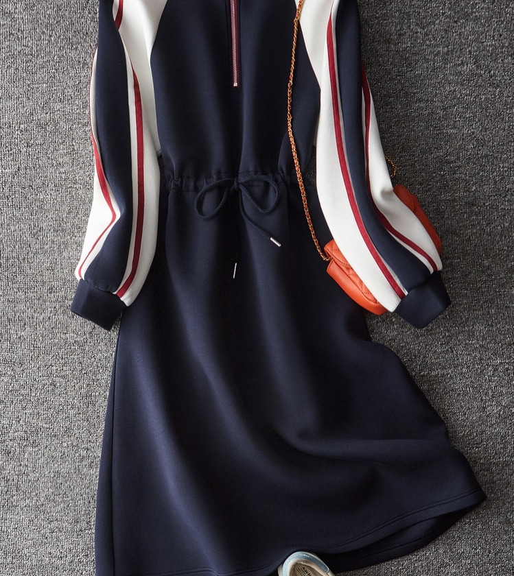 スポーティワンピース ファスナーワンピース ボリューム袖ワンピース ハイウエストワンピース スカート ワンピース トレーナー オールインワン ロングスカート フレアスカート 膝下 ミモレ ミモレ丈