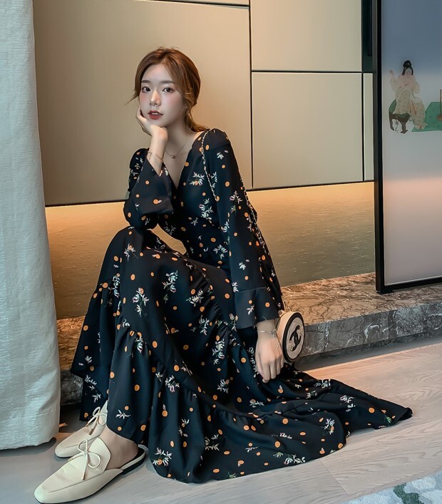 長袖ワンピース Vネック シフォン ロングスカート フレア レトロ 楽天市場】シフォンワンピース 花柄 レトロ レディース 長袖
