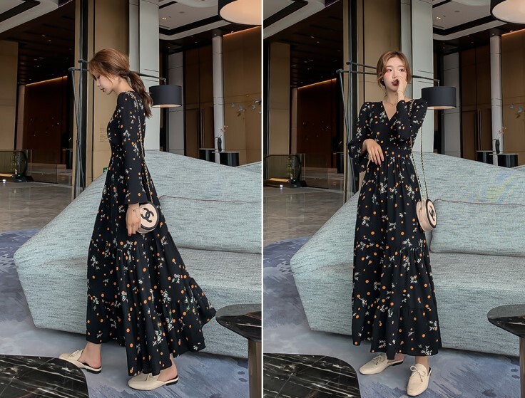 ワンピース ロング ロング丈 袖あり 五分袖 長袖 Vネック フレア シフォン 大人可愛い きれいめ シンプル 大人 上品 おしゃれ 大人女子 クール エレガント 柄 花柄 春 秋 20代 30代