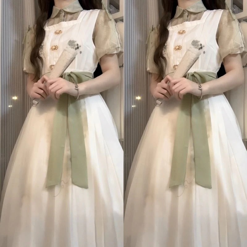 【フルセット】デザイン青提詞新韓国cos要素ワンピース半袖シャツセット夏 【フルセット】デザイン青提詞新韓国cos要素ワンピース半袖シャツセット夏