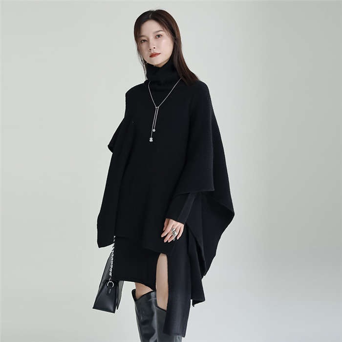 アシンメトリー ニットポンチョセットアップ セットアップ レディース 秋冬 ニット セーター トップス ニットベスト ポンチョ ニットワンピース 長袖 上下セット ハイネック 無地 変形 アシメ 重ね
