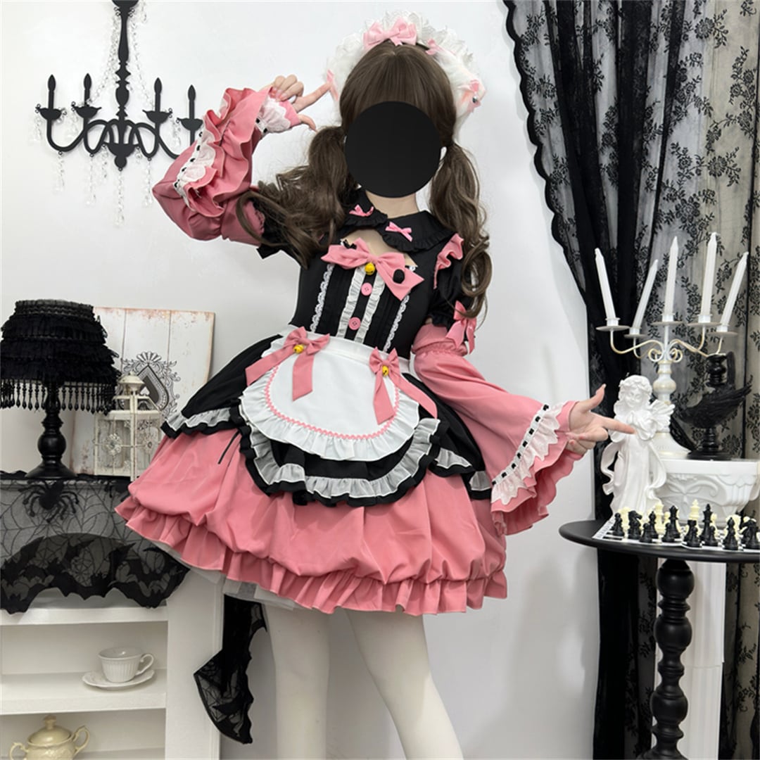 2024新作 3点セット 5色 可愛い メイド服 S M L ロリータ 撞色 ワンピース セットアップ