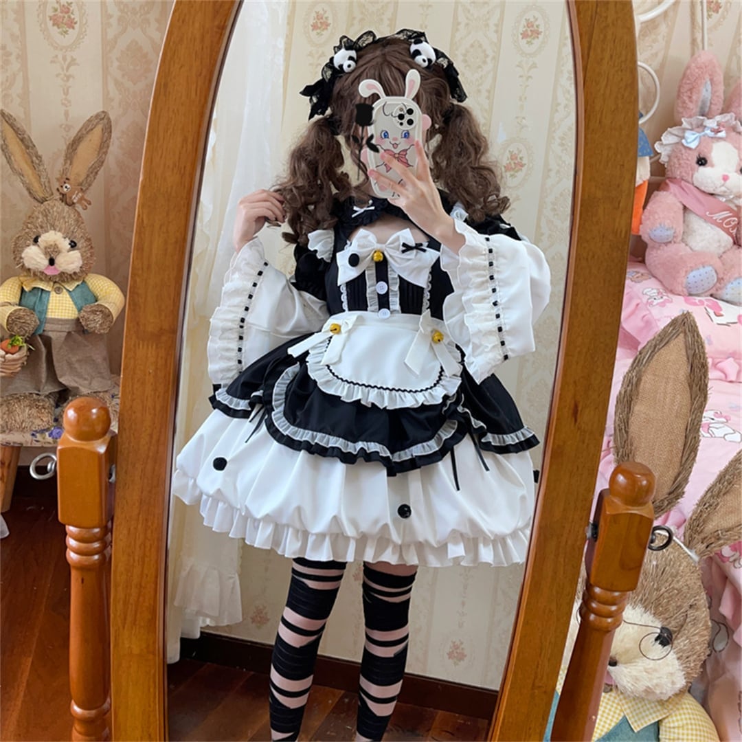 2024新作 3点セット 5色 可愛い メイド服 S M L ロリータ 撞色 ワンピース セットアップ