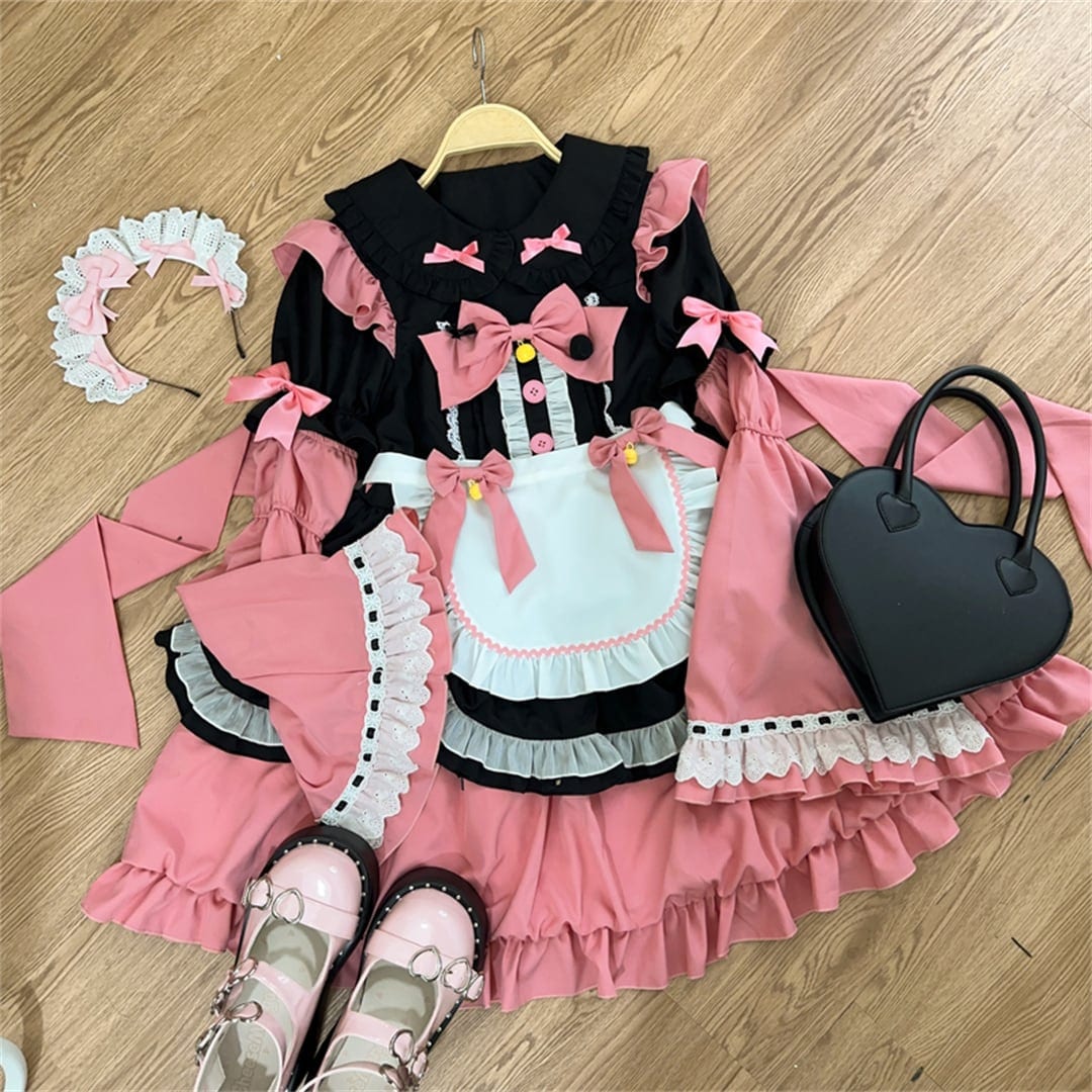 2024新作 3点セット 5色 可愛い メイド服 S M L ロリータ 撞色 ワンピース セットアップ