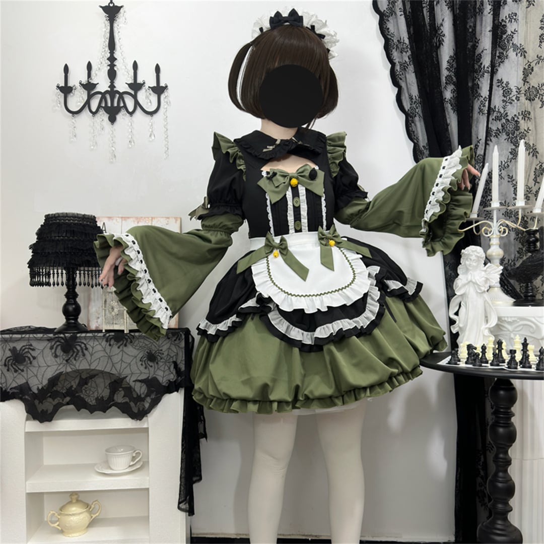 2024新作 3点セット 5色 可愛い メイド服 S M L ロリータ 撞色 ワンピース セットアップ