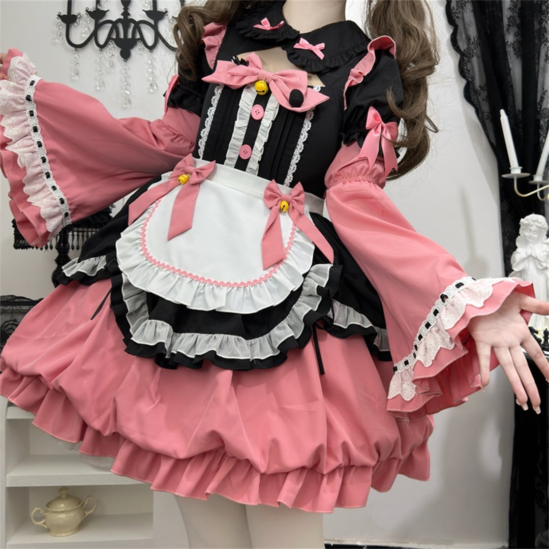 2024新作 3点セット 5色 可愛い メイド服 S M L ロリータ 撞色 ワンピース セットアップ