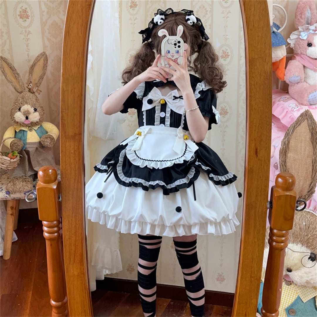 2024新作 3点セット 5色 可愛い メイド服 S M L ロリータ 撞色 ワンピース セットアップ
