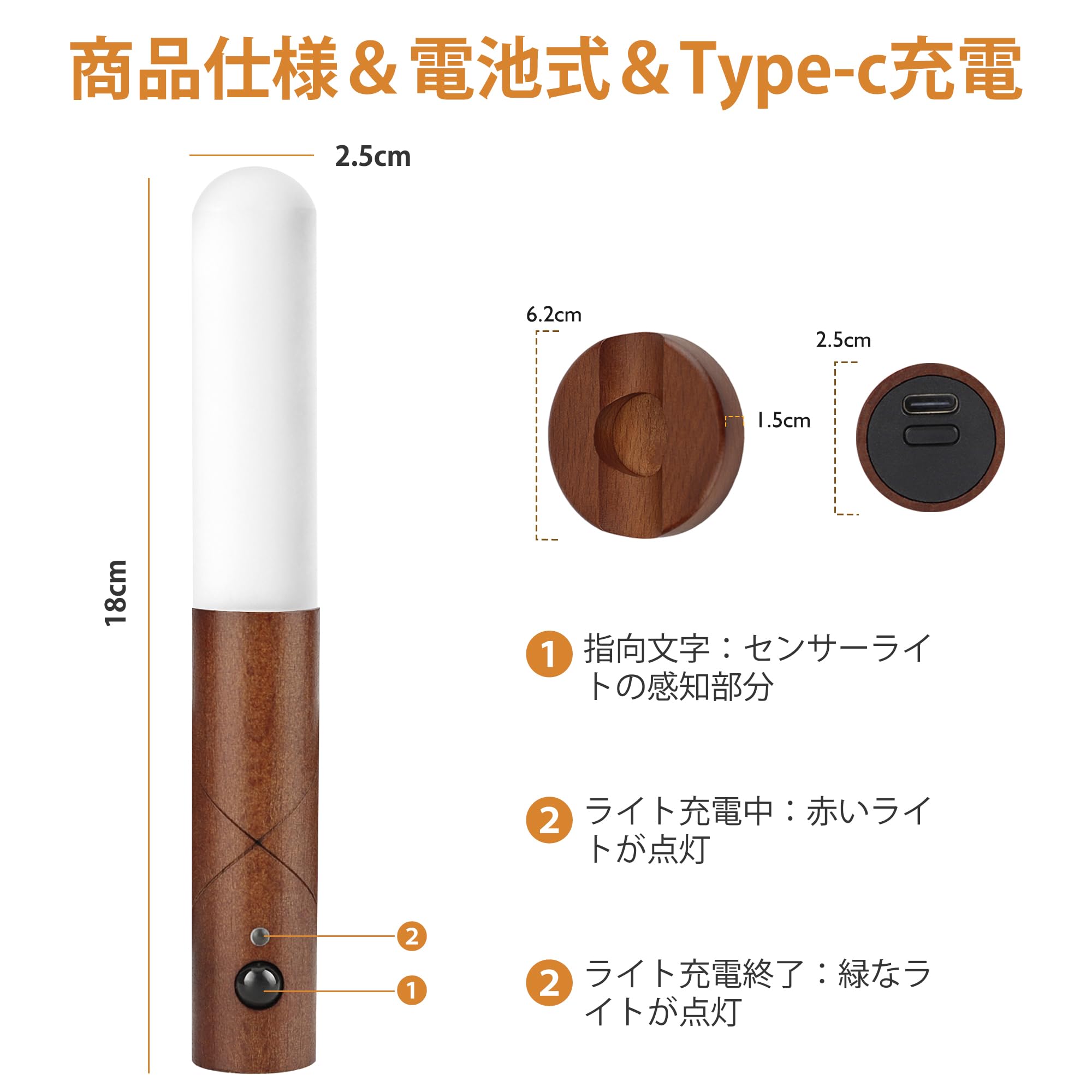 LEDBOKLI 人感センサーライト 室内 電池式 3つ色温度 2つモード 無段階調光 Type-C充電式 貼り付け式 マグネット式 置き型 壁掛け 玄関 廊下 階段 寝室 おしゃれ 天然木