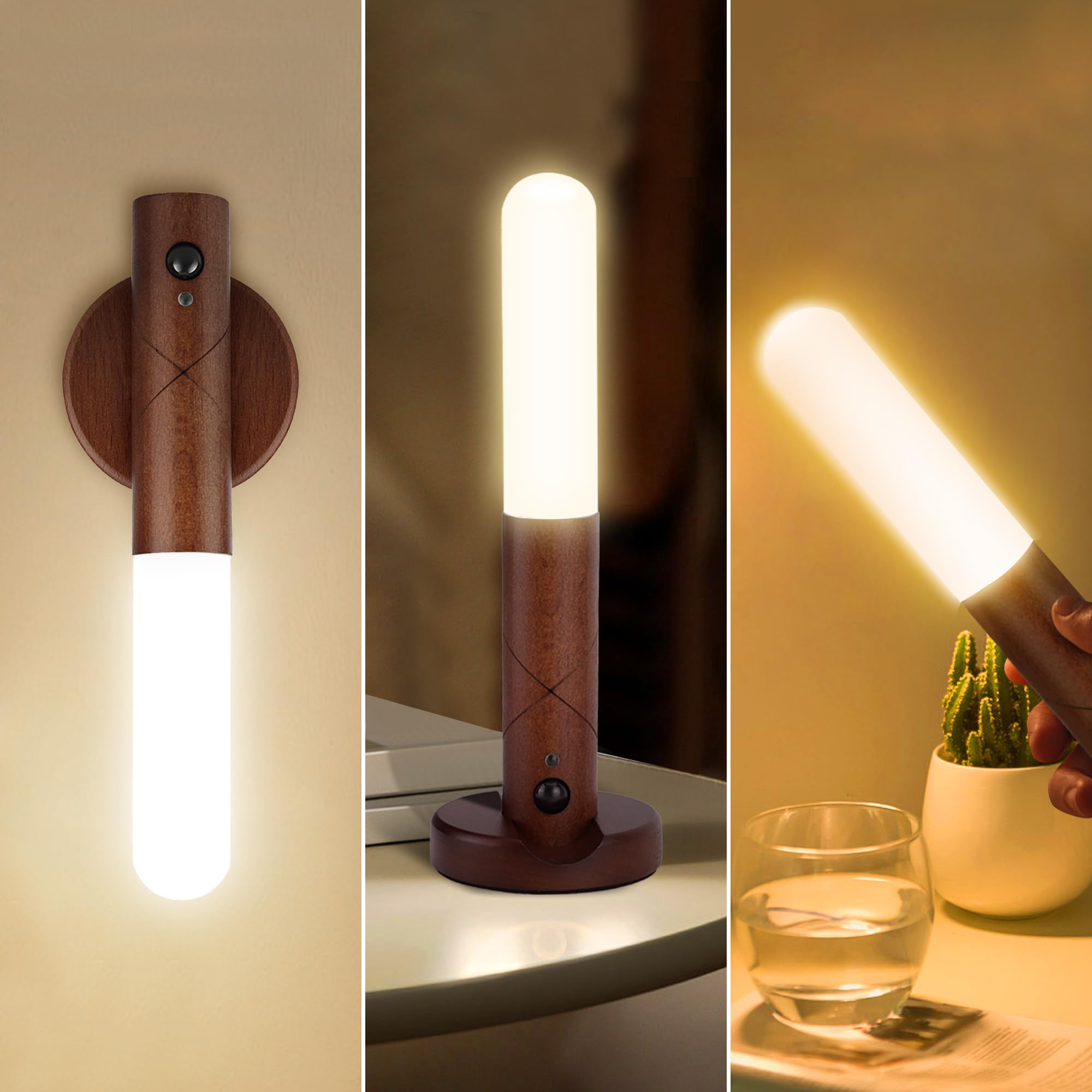 LEDBOKLI 人感センサーライト 室内 電池式 3つ色温度 2つモード 無段階調光 Type-C充電式 貼り付け式 マグネット式 置き型 壁掛け 玄関 廊下 階段 寝室 おしゃれ 天然木