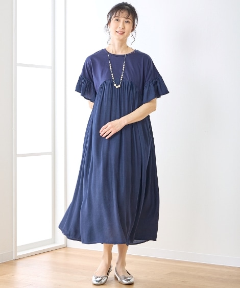 ロング・マキシ丈/半袖 たっぷりギャザーゆったりワンピース アトランダム ロング・マキシ丈/半袖 たっぷりギャザーゆったりワンピース アトランダム