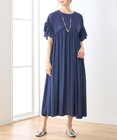 ロング・マキシ丈/半袖 たっぷりギャザーゆったりワンピース アトランダム ロング・マキシ丈/半袖 たっぷりギャザーゆったりワンピース アトランダム