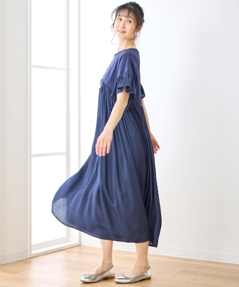 ロング・マキシ丈/半袖 たっぷりギャザーゆったりワンピース アトランダム ロング・マキシ丈/半袖 たっぷりギャザーゆったりワンピース アトランダム