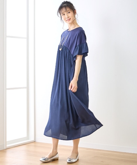 ロング・マキシ丈/半袖 たっぷりギャザーゆったりワンピース アトランダム ロング・マキシ丈/半袖 たっぷりギャザーゆったりワンピース アトランダム