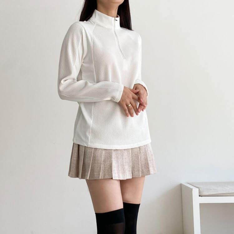 ゴルフウェアレディース韓国Tシャツ長袖ジップハーフジップハイネックおしゃれ襟付き襟