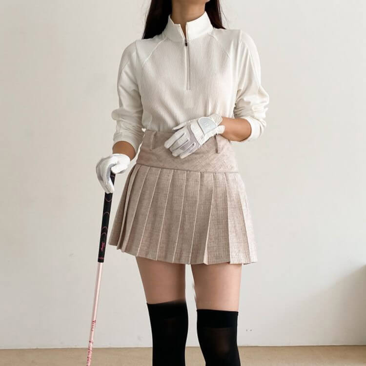 ゴルフウェアレディース韓国Tシャツ長袖ジップハーフジップハイネックおしゃれ襟付き襟