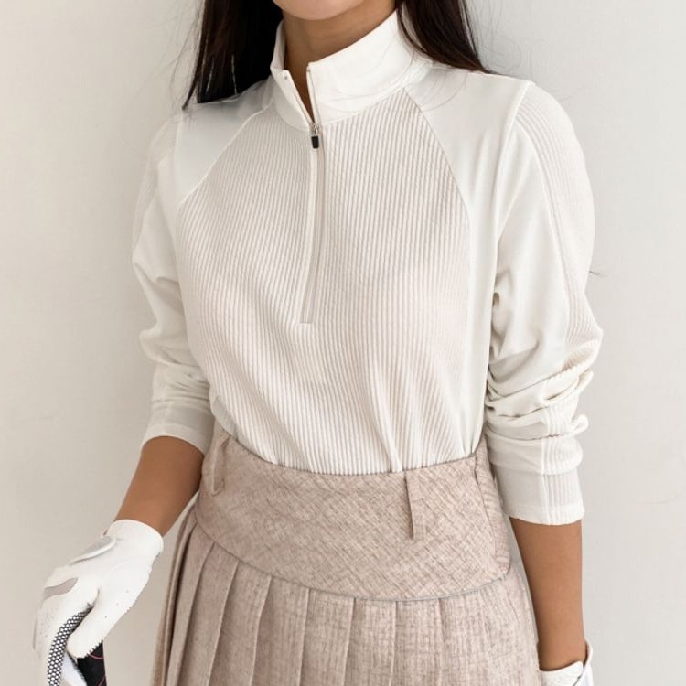 ゴルフウェアレディース韓国Tシャツ長袖ジップハーフジップハイネックおしゃれ襟付き襟