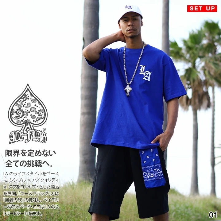 ACE FLAG 上下セット 半袖 ブランド Tシャツ ハーフパンツ メンズ 春夏用 全2色 大きいサイズ エースフラッグ セットアップ ゆったり エルエー THUG