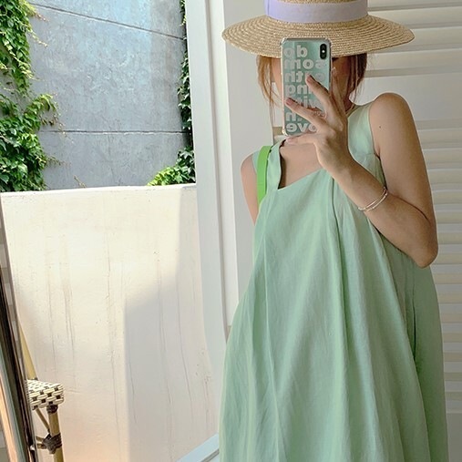 キャミソールワンピース グリーン ワンピース スリム 細身 ストレート スマート かわいい きれいめ