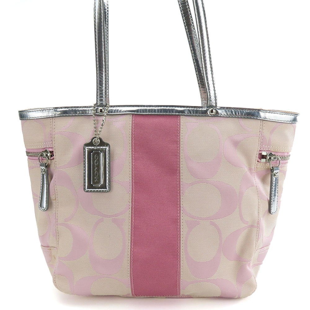 中古 トートバッグ 13280 シグネチャー キャンバス レザー ピンク シルバー シルバー金具 肩掛け レディース 女性