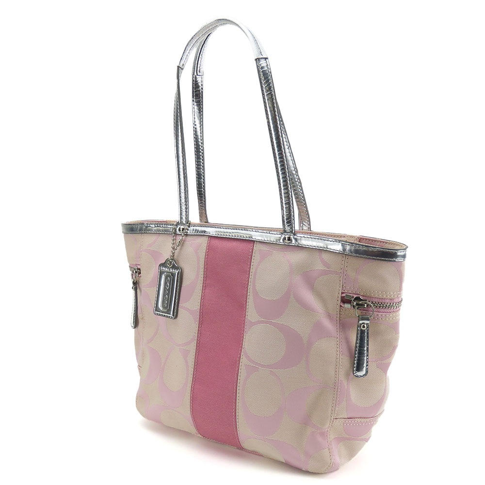 中古 トートバッグ 13280 シグネチャー キャンバス レザー ピンク シルバー シルバー金具 肩掛け レディース 女性